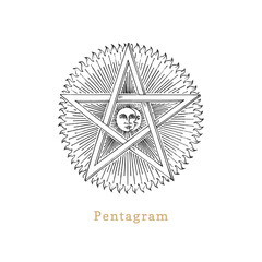 Pentagram with Sun and Crescent, vector illustration in engraving style. Vintage pastiche of esoteric and occult sign.