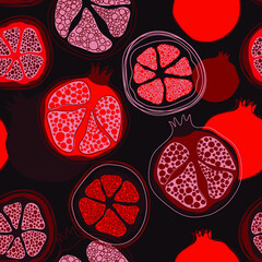 Pomegranates vector background Elegant seamless pattern with hand drawn decorative sliced pomegranates, design elements.
