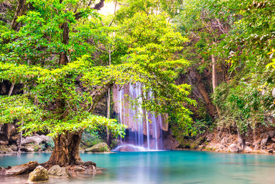 Beautiful waterfall in tropical jungle forest with big green tree and emerald lake on foreground. Nature landscape of Erawan National park, Kanchanaburi, Thailand © Pavlo Vakhrushev