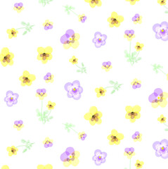 手描き水彩風のビオラ・パンジーのパターン　黄色と紫