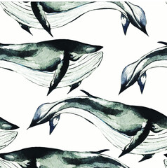 Watercolor  seamless vector pattern with whales