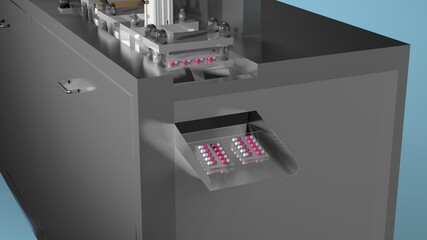 Capsule blister packing medicine, Industrial pharmaceutical production concept. 3D rendering image