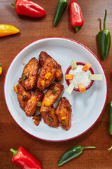 plate with fried chicken wings and bowl with sauce with peppers on wooden table, close view