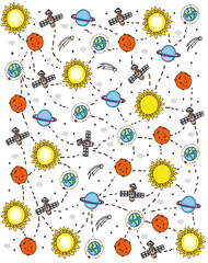 background with a pattern of space planets and satellite on a white background