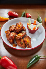 plate with fried chicken wings and bowl with sauce with peppers on wooden table, close view