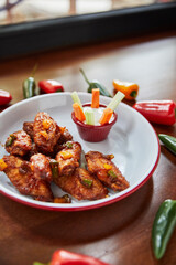 plate with fried chicken wings and bowl with sauce with peppers on wooden table, close view