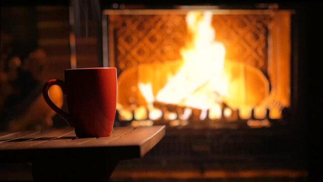 A cup of hot tea near the burning fireplace. Cozy mood. Waiting for the holiday.
