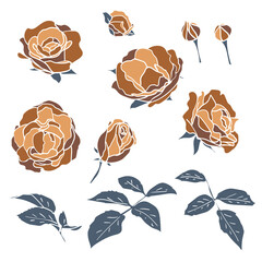 Set of coffee colored roses with leaves and buds. Hand-drawn floral flat motifs mosaic style. 