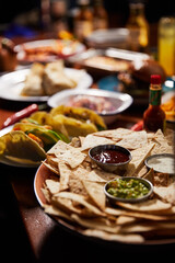triangle-shaped corn chips with sauces and mexican burritos on table, close view,  mexican traditional cuisine concept on wood table