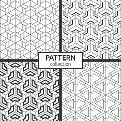 Set of four seamless patterns. Abstract geometric trendy vector backgrounds. Modern stylish textures. Geometric tiles with triple weaving elements and filled shapes. Vector monochrome backgrounds.
