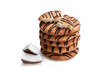 Chocolate coconut cookies isolated on white