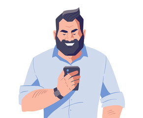 Middle aged man with beard holding smartphone. Male character with mobile phone in hands. Online communication concept. Vector illustration.