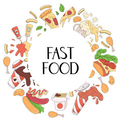 Fast food vector cartoon card concept with hand drawn lettering.