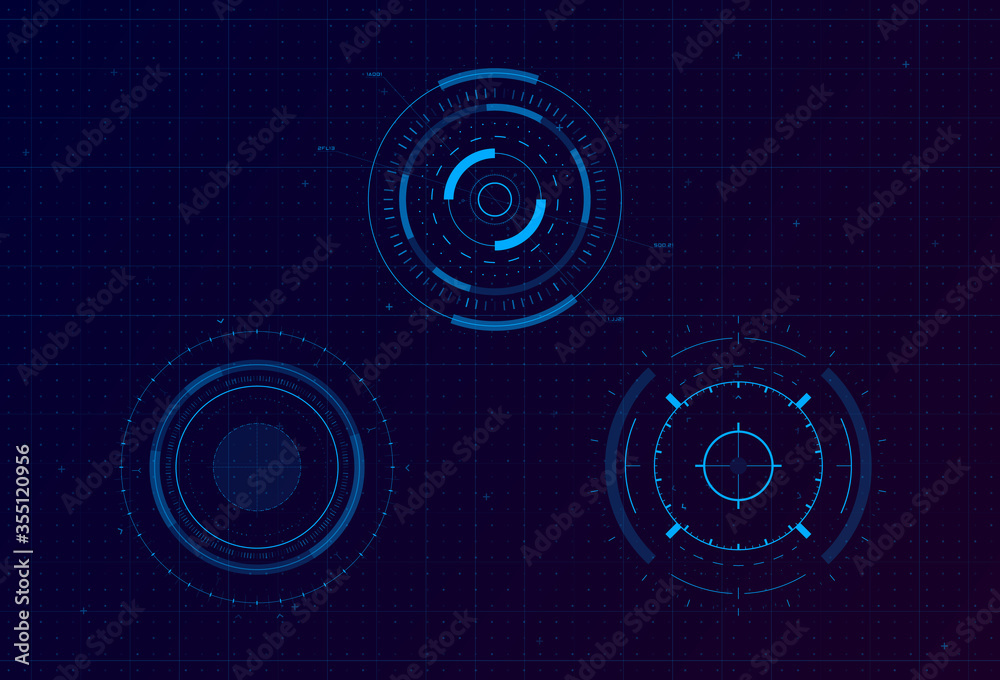 Poster Set of HUD circle targets. Sci-fi round head-up display for futuristic user interface HUD, UI, GUI. Tech and science theme. Editable stroke. Good for animation. Vector