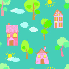 Obraz na płótnie Canvas Seamless vector pattern of children's drawing. House, clouds, trees. Line vector drawing. Drawn by a child. Suitable for children's room decoration, fabric, decor. Doodle style.