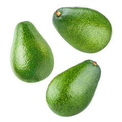 Flying ripe avocados, isolated on white background