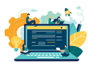 Flat vector illustration, young programmers code the web site on the laptop from the command line, the system administrator tries to hack the system, team work