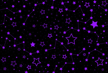 Beautiful astronomical vector seamless pattern with violet stars and constellations on the night sky