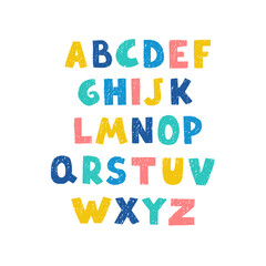 Vector cute colorful alphabet for kids. Can be used as elemets for your design for greeting cards, nursery, poster, card, birthday party, packaging paper design, baby t-shirts prints
