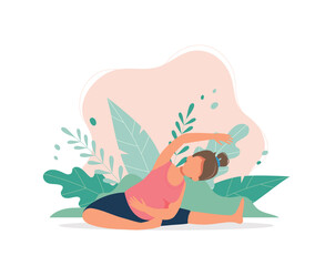 Pregnant woman doing prenatal yoga. Pregnancy health concept. Cute illustration in flat style