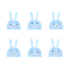 Vector modern set with cute illustrations of bunnies with different emotions. Use it as element for design greeting card, poster, chat messenger cartoon emotes, Social Media post, children game design