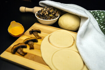 Dumplings with mushrooms, on a black background