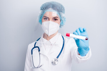 Closeup photo of virology doc viral clinic hold blood probe tube sick patient positive negative...
