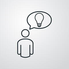 Símbolo idea. Icono plano lineal hombre con bombilla en burbuja de habla en fondo gris