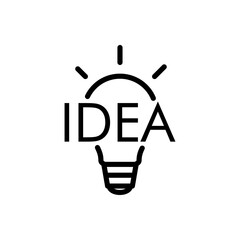 Icono plano lineal palabra IDEA en bombilla con rayos de luz en color negro