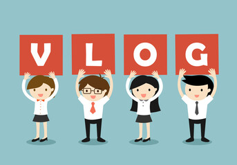 Business concept, Businessmen and business women holding 'VLOG' letters. Vector illustration.