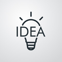 Icono plano lineal palabra IDEA en bombilla con rayos de luz en fondo gris