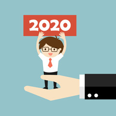 Business concept, Businessman is standing on big hand and holding "2020" banner. Vector illustration.