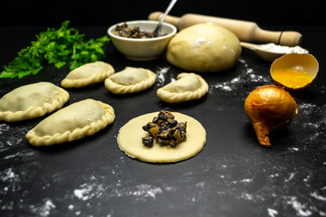 Dumplings with mushrooms, on a black background