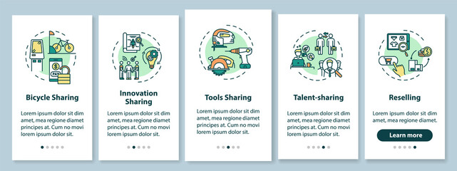 Peer to peer lending onboarding mobile app page screen with concepts. Goods and services sharing walkthrough five steps graphic instructions. UI vector template with RGB color illustrations