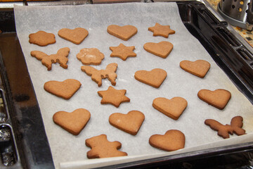 Baking holiday cookies. Hands decorating gingerbread. Christ. Mas and new year.