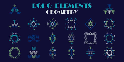 Set: Aztec elements. Seamless pattern. Geometry. Design with manual hatching. Ethnic boho ornament. Vector illustration for web design or print.