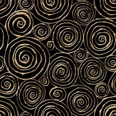 Abstraktes, nahtloses Muster mit 3D-goldener, glitzernder Acrylfarbe, runden Spiralkreisen auf schwarzem Hintergrund