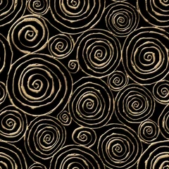 Behang Abstract naadloos patroon met 3d gouden glinsterende acrylverf ronde spiraalvormige cirkels op zwarte achtergrond © Olga