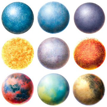 Set of watercolor painted planets. The figure of volumetric planets. Beautiful texture in the form of balls. volume circle.