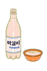 Makgeolli is a Korean alcoholic beverage. The letter written on the bottle means makgeolli. Colored vector illustrations set.