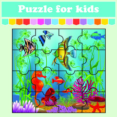 Puzzle game for kids. Fish in the sea. Education worksheet. Color activity page. Riddle for preschool. Isolated vector illustration. Cartoon style.