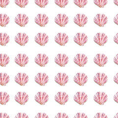 Seamless photo pattern with pink sea shells. Flat lay with purple mollusc shells. Top view on finds from ocean beach.