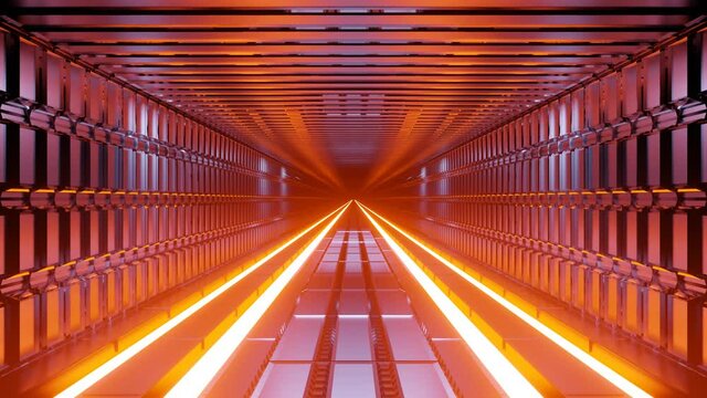 Motion graphics sci fi: rectangular enclosed orange and yellow tunnel for futuristic travel along parallel divided tracks, concept