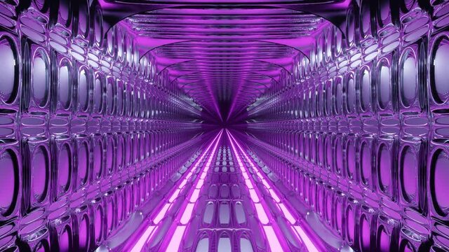 Motion graphics sci fi: rectangular enclosed purple transportation tunnel for futuristic travel along parallel divided train tracks, concept