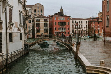 Picturesque cityscape in the rain in Venice.