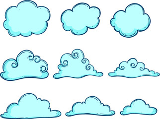 Collection of cute blue clouds using doodle art