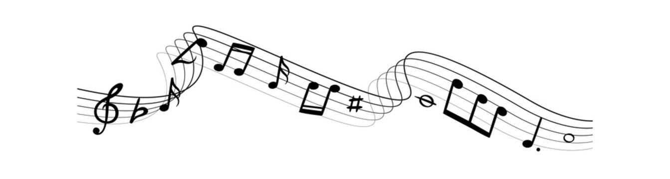 Music notes silhouettes. Musical swirl waves composition with lines vector illustration