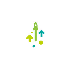 three green arrows up with dots on white background. Launch, upgraid icon.