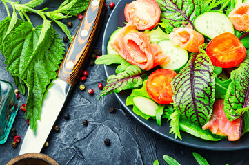 Mixed green salad with salted salmon
