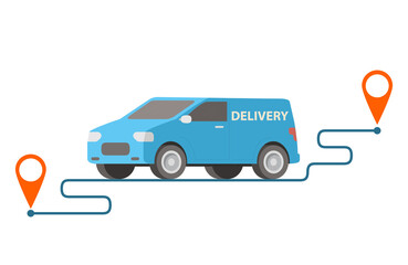 Delivery van carrying parcels on points.Vector illustration.